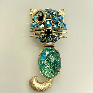 Iconic Warner Signed Cat Brooch Pin Vintage AB Rhinestones Confetti Cabochon - Imagen 1 de 9