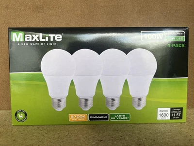 4 Pack Maxlite 13W LED Bulb = 100 watt replace A19 Soft White 2700K LED Light - Image 1 of 3