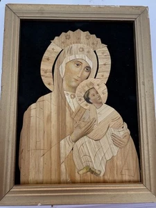 Vintage Wood Art Madonna and Child Marquetry Inlaid Wood Religious Picture READ - Picture 1 of 9