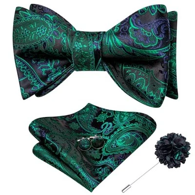  Self Tie Bow Ties and Lapel Pin for Men Paisley Solid Mens Bowtie Greens Blue - Image 1 of 4