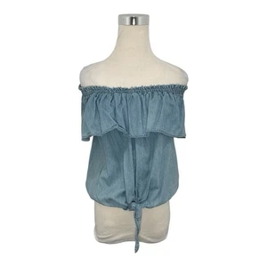 Blusa Express Para Mujer Azul con Volantes Fuera del Hombro Corbata Frontal Camisa Top Talla S - Imagen 1 de 6