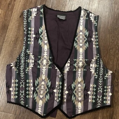 Chaleco Occidental Vintage Roughrider Circle T Estampado Azteca Tapiz Mujer Grande EE. UU. Foto 1 de 4
