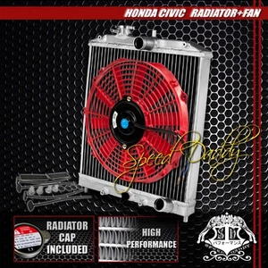 FULL ALUMINUM 2-ROW CORE RADIATOR+12" RED COOLING FAN FOR CIVIC/DEL SOL/INTEGRA - Picture 1 of 6