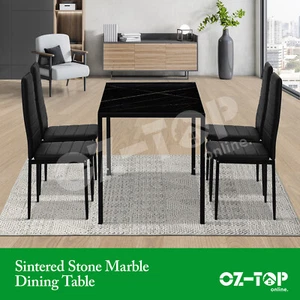 Marble Dining Table and 4 Chairs Set Sintered Stone Large Glossy Desk Black - Picture 1 of 12