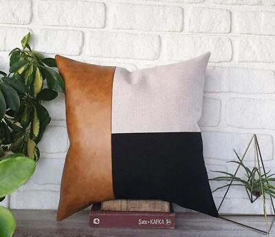 Camel faux leather-black-beige color block design pillow cover-1qty - Image 1 of 4