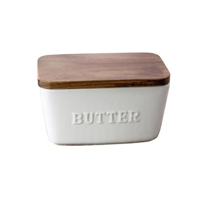 Better Homes & Gardens- White and Acacia Wood Porcelain Embossed Butter Dish - Image 1 of 4