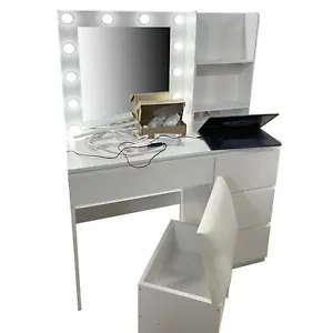 Dressing Table Stool Set 4 Drawers Makeup Glass Tabletop Mirror LED Lights - Picture 1 of 1