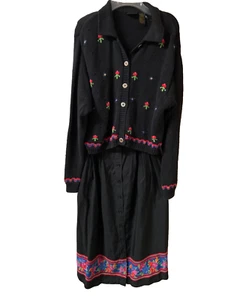Vintage Liz Sport Cotton Embroidered Floral Cardigan Sweater & Skirt Set Small - Picture 1 of 16