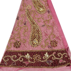 Sanskriti Saskriti Vintage Design Net Mesh Fabric Hand Beaded Pink Patch Work De - Picture 1 of 10