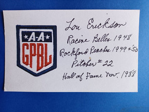 AAGPBL BASEBALL LOU ERICKSON AUTO 3"X5" CARD 1948 BELLES 49-50 ROCKFORD PEACHES