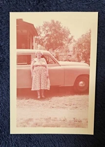 Woman and Vintage Old Car Photo 1950's Suburban Neighborhood - Picture 1 of 2