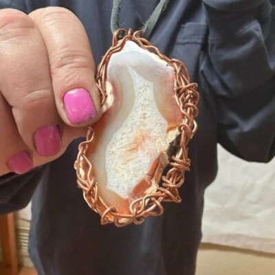 Colgante Grande Ágata Sardonyx Druzy Cobre Cuero Genuino Cornalina Unisex Boho Foto 1 de 4