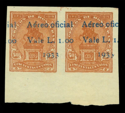 HONDURAS 1933 AIRMAIL OFFICIALS L.1.00/50c brown IMPERF PAIR ERROR - UNISSUED NH - Image 1 of 2
