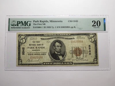 $5 1929 Park Rapids Minnesota MN National Currency Bank Note Bill Ch. #5542 VF20 - Image 1 of 4