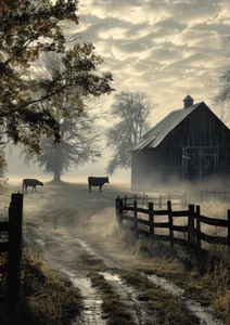8.5 x 11 -Rustic Barn Farm house Home Decor Bathroom Kitchen Wall Art Cows Field - Picture 1 of 1