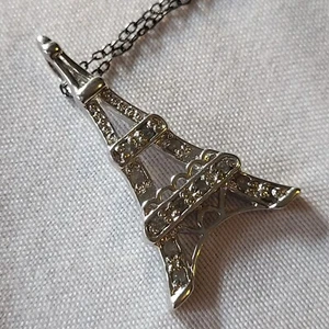 1/10 CTTW Diamond Pendant Silver 925 Eiffel Tower Necklace on Vtg 925 Chain 18" - Picture 1 of 7