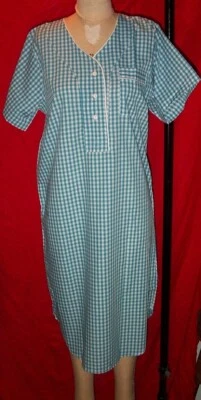 Summer Shift Gown Size Small 55/45 Cotton Poly USA Made Turquoise Check Color - Image 1 of 2