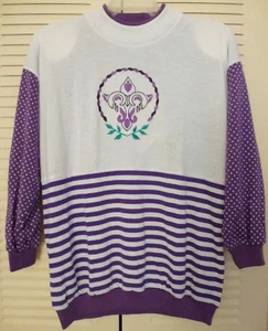 Cusp Purple White Stripe Long Sleeve Embroidered Cotton Blend Top Size M - Picture 1 of 4