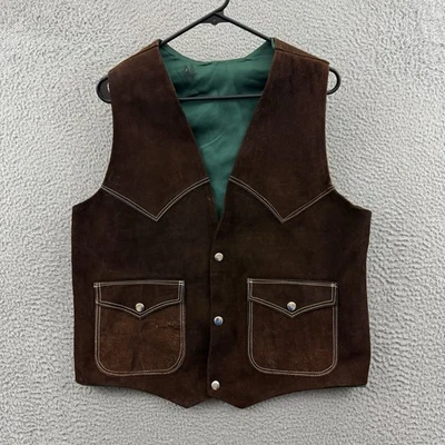 Vintage Suede Leather Vest Mens Large 80s Brown Snap Western Rodeo Cowboy USA - Image 1 of 4