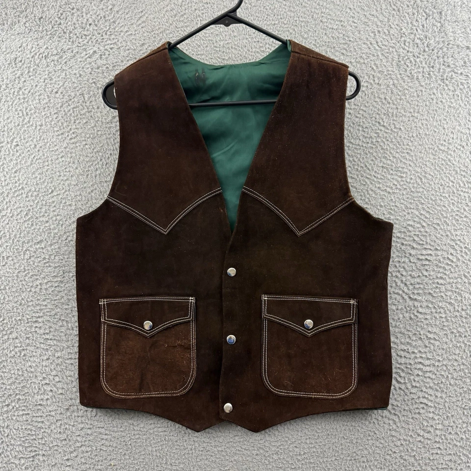 Vintage Suede Leather Vest Mens Large 80s Brown Snap Western Rodeo Cowboy USA - Image 1 of 4