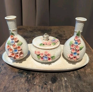 Parfum Flakons Rosa Rose Struktur Waschtisch Set mit Unterteller Gut Gebraucht Vintage - Bild 1 von 8