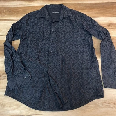 Camisa Tasso Elba Para Hombre Mediana Negra Gris Patrón Jacquard Algodón Abotonado Foto 1 de 4