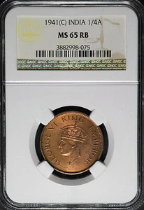 India British 1940(C) 1/4 Anna NGC MS66RB (TOP-POP) - Picture 1 of 3