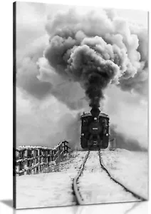 Blanco y negro que se acerca antiguo tren enmarcado en lona estampado arte de pared decoración del hogar - Imagen 1 de 6