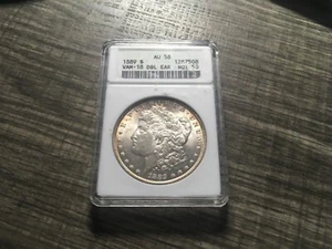 1889-P MORGAN SILVER DOLLAR AU 58 VAM-18 DBL EAR HOT 50 ANACS - Picture 1 of 2
