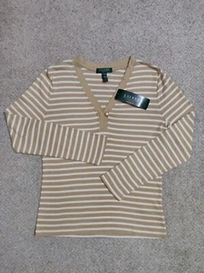 Lauren Ralph Lauren Petite Damen Pullover beige gestreift V-Ausschnitt Gr. PM - Bild 1 von 12