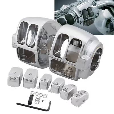 Chrome Switch Housing Cover+6pcs Hand Control Button Switch Caps Fit For Harley - Image 1 of 4