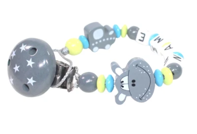 Schnullerkette mit Namen Hippo Nilpferd Lokomotive Junge Babygeschenk Geburt - Bild 1 von 4