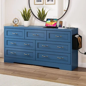 Blue 7 Drawer Chest of Drawers Dresser Storage Vanity Cabinet USB Power Station - Picture 1 of 10
