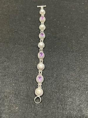 纯银 925 紫水晶和 8 毫米薰衣草培养珍珠 7.25 手链 — 第 1/2 张图片