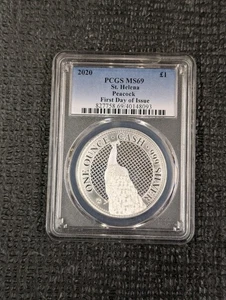 2020 MS 69 India Wildlife Peacock St. Helena 1 oz Silver PCGS - Top Pop 40 - Picture 1 of 4