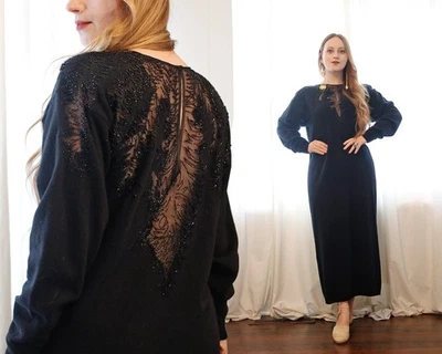 Vestido Suéter Vintage Nancy Johnson Negro Lana de Cordero Tejido Negro Cuentas Foto 1 de 4