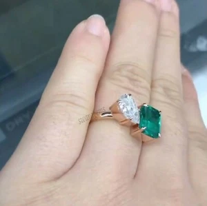 3 Green Emerald & White Pear Moissanite Toi Et Moi Wedding Ring 10k Yellow Gold  - Picture 1 of 5