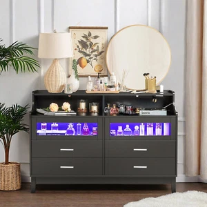 6-Drawer Nightstand - 2 Tempered Glass LED Lighting Drawers & Black Beside Table - Picture 1 of 24