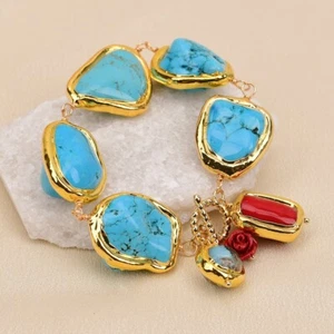 Blue Turquoise Freeform Nugget Red Coral Murano Glass Beaded Bracelet Ethnic - Picture 1 of 7