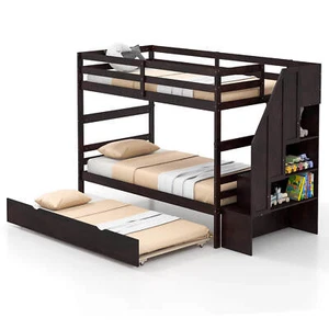 Twin over Twin Wooden Bunk Bed w/ Trundle Storage Stairs Convertible Espresso - Picture 1 of 10