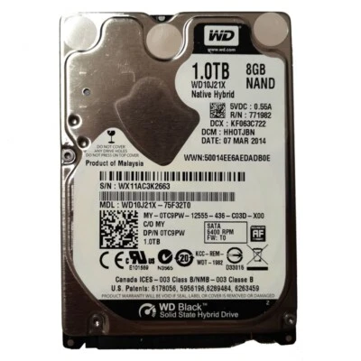WD Black 1TB WD10J21X-75F32T0 8GB SSD NAND SATA 2.5" Solid State Hybrid Drive - Image 1 of 3