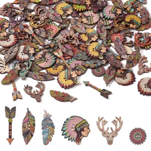 200 Stück Indischer Stil Bunt Vintage Bedruckt Blume Feder Pfeil Holz Knopf - Bild 1 von 11