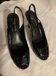 Donald J Pliner "Papin Black Croc Print Patent Leather Slingback Sandal Pumps 9M - Picture 1 of 8