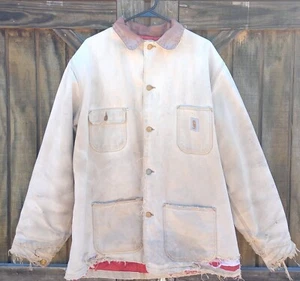 Vtg Heavily Distressed Stained Carhartt Chore Coat Red Lined USA Sz L - Picture 1 of 13
