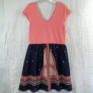 Love Fire Kleid Damen XL rosa marine Mixed Media Boho V-Ausschnitt Flügelärmel gefüttert - Bild 1 von 9