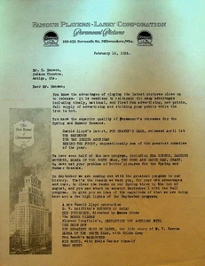 Famous Players Lasky Letterhead February 18 1926 Harold Lloyd For Heaven's Sake - Picture 1 of 2