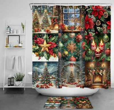 Juego de cortinas de ducha de Navidad de retazos coloridos para decoración de baño Foto 1 de 4