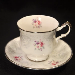 Paragon Footed Cup & Saucer Set Bridal Lace Floral w/Platinum Trim 1957-1960 HTF - Picture 1 of 12