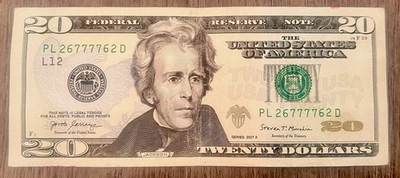 PL26777762D $20 SUPER RADAR Trinary Fancy Serial Number Dollar Bill - Lucky 7's - Image 1 of 4