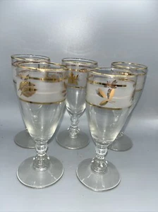 Vintage Libbey Frosted Gold Leaf Cordial Stemmed Glasses 4-oz. 5” Set Of 5 - Picture 1 of 7